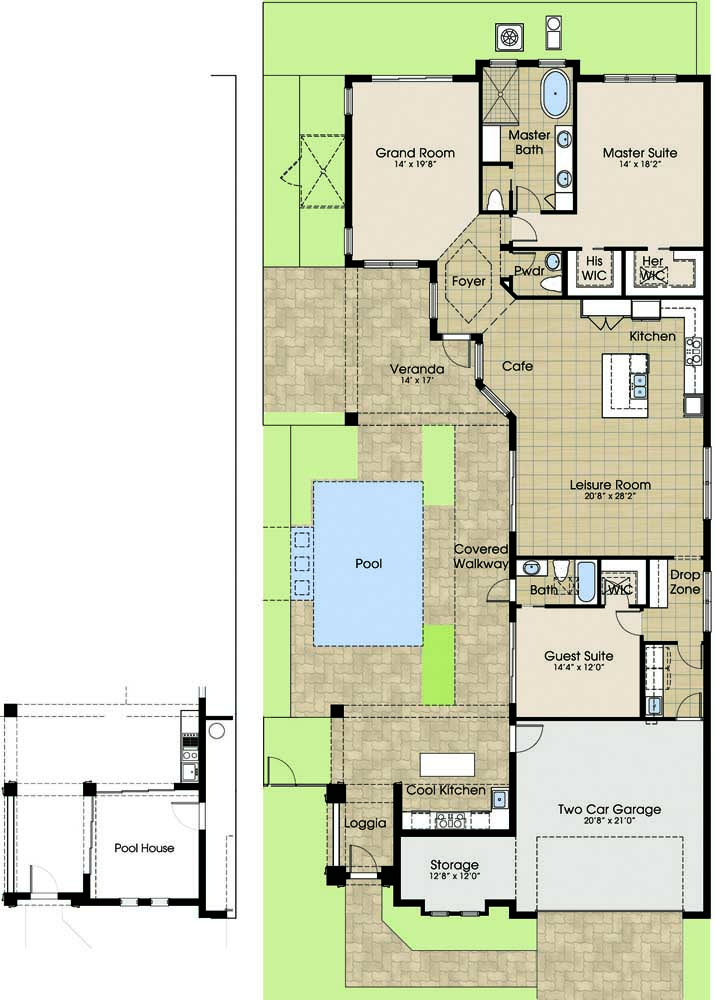 Modern house floor plan with pool house, internal garage, master suite, integrated kitchen and two bedrooms