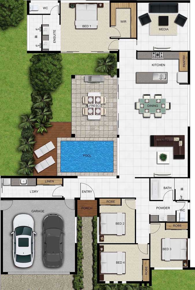 The floor plan of this house had an integrated kitchen, living and dining room, swimming pool with gourmet space and deck, as well as an internal garage, master suite and three more bedrooms 