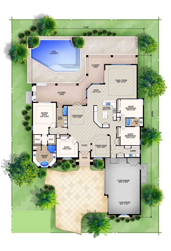 Modern house design with internal garage, open concept environments, wide facade and swimming pool