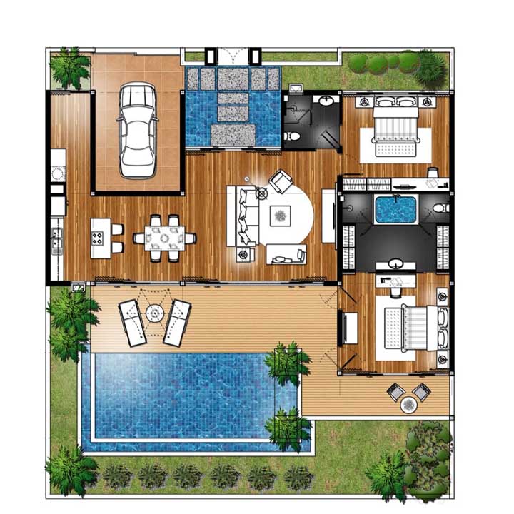 Modern house plan with swimming pool and entrance hall with artificial lake