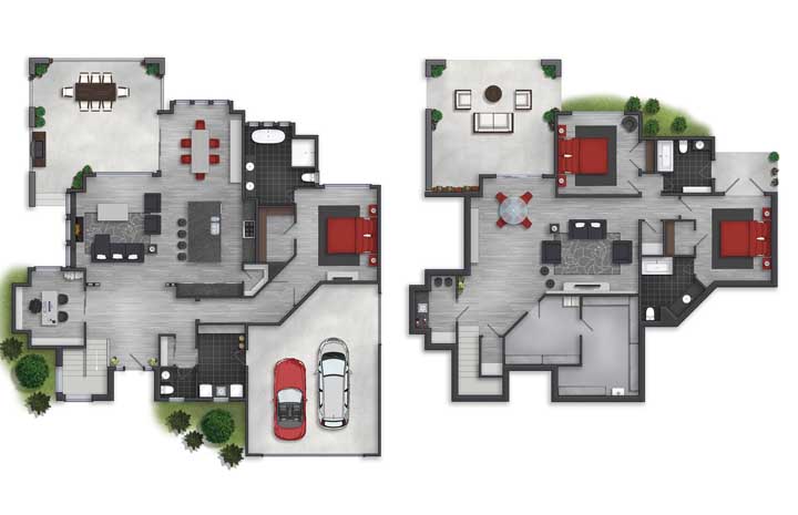 House plan with two floors, internal garage and three bedrooms