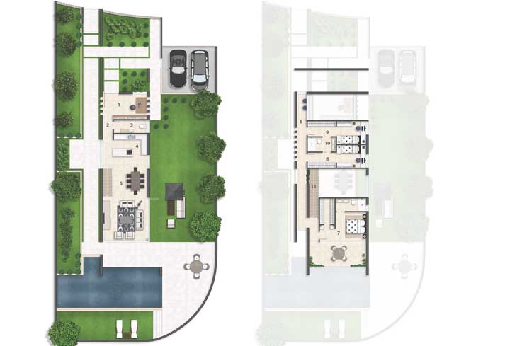 Modern house plan overlooking the two floors
