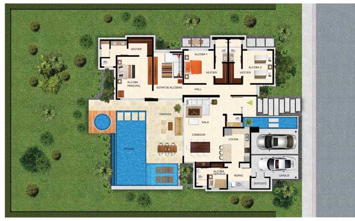 House project with pool, gourmet space, internal garage, master suite and two bedrooms