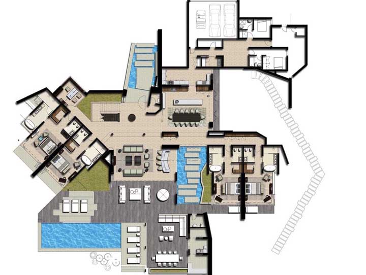 A different shape for the modern house plan, with swimming pool and artificial lakes, four bedrooms and an internal garage