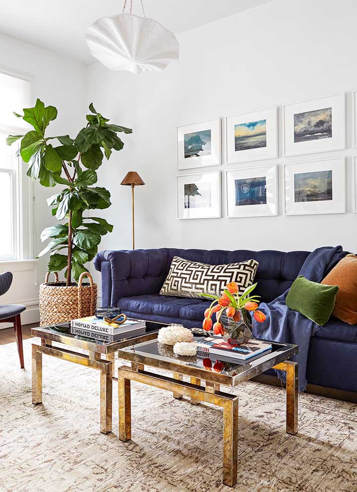 Navy blue velvet sofa for living room rich in natural light