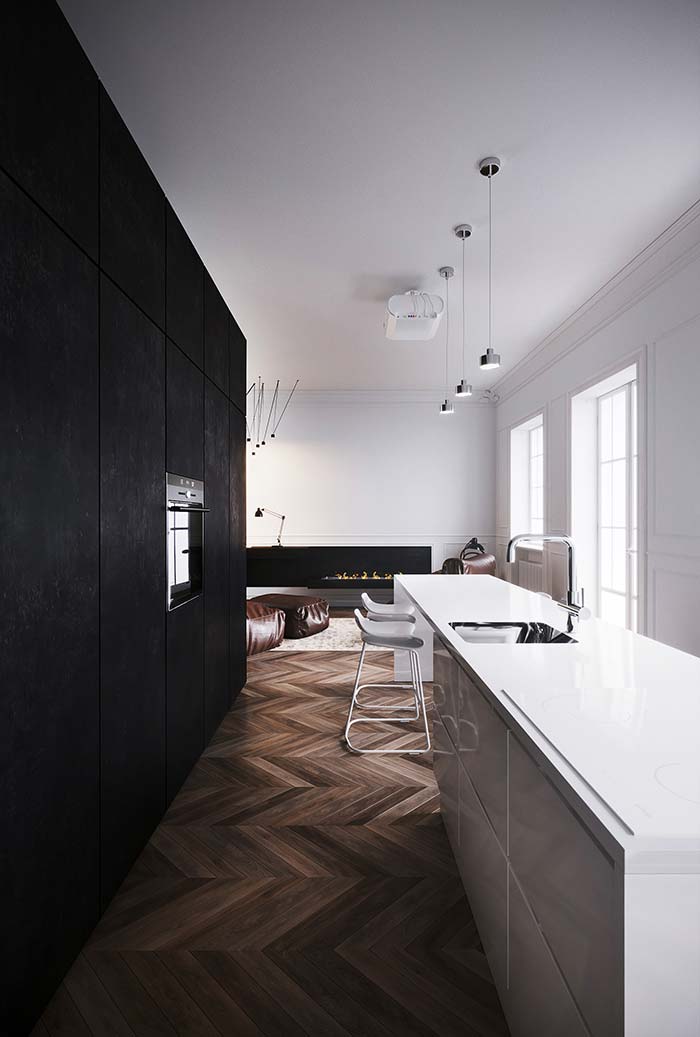 Black and white kitchen: black on one side, white on the other