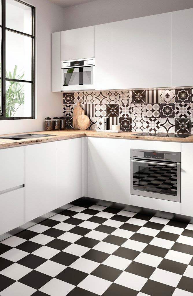 Black and white kitchen with checkered floor