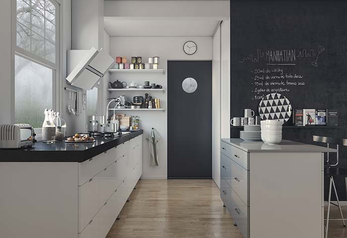 Shelves to compose black and white kitchen decor