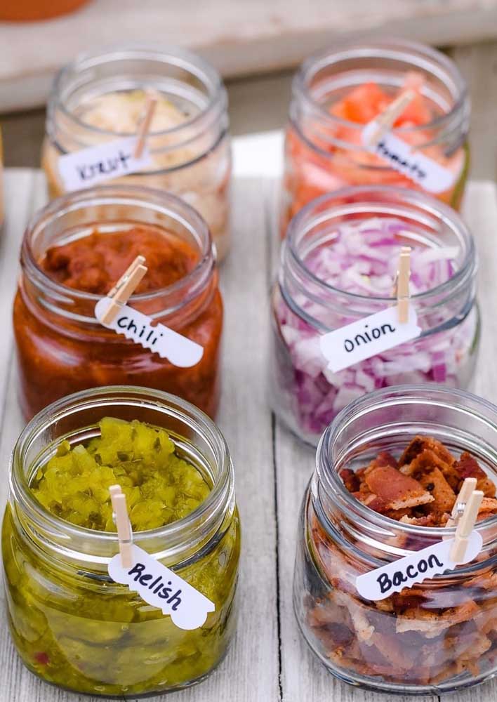Look what a cute idea: put each sauce and accompaniment in a labeled jar