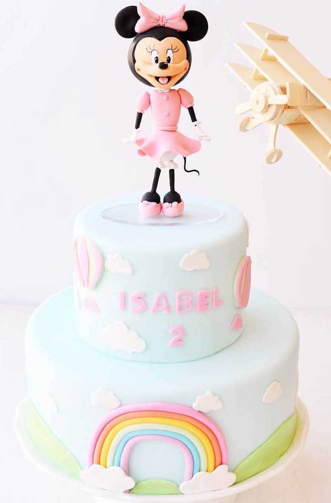 Minnie cake with rainbow theme. The character is present on the cake