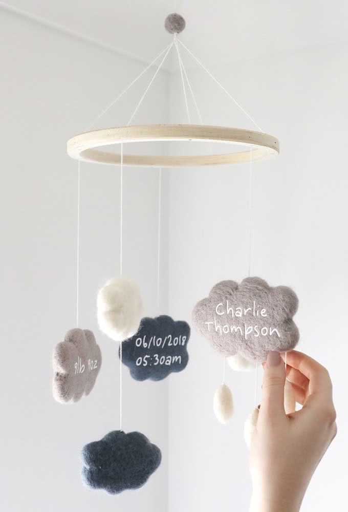 In this mobile, the felt clouds hold the information of the newborn